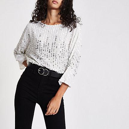 River Island Womens White Sequin Batwing Top