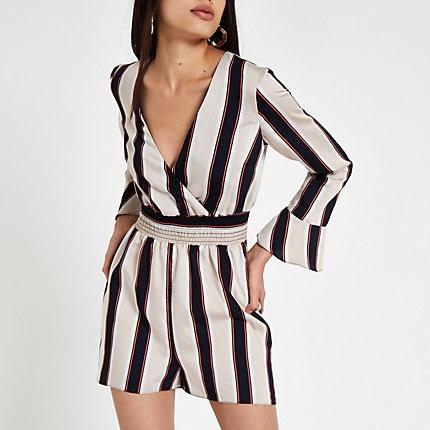 River Island Womens Stripe Wrap Long Sleeve Playsuit