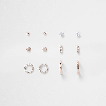 River Island Womens Rose Gold Rhinestone Pave Earrings Pack