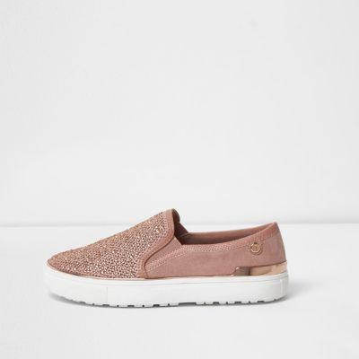 River Island Womens Gold Rhinestone Slip On Plimsolls