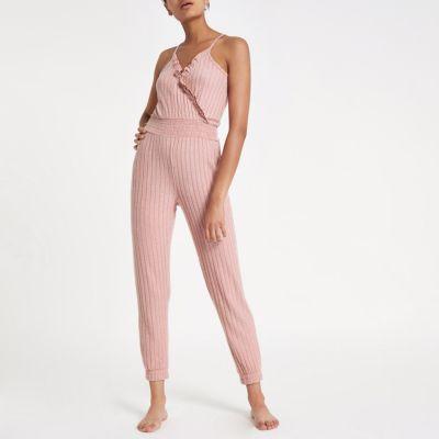 River Island Womens Marl Rib Frill Wrap Jumpsuit