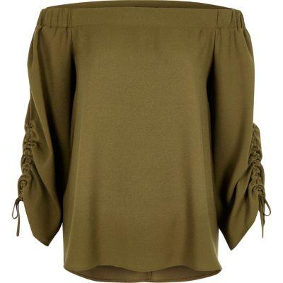 River Island Womens Satin Ruched Sleeve Bardot Top