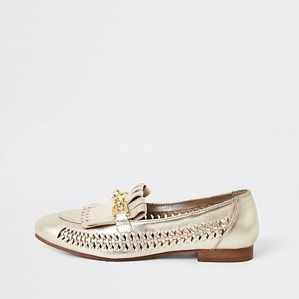 River Island Womens Gold Leather Woven Loafers