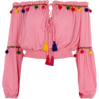 River Island Womens Shirred Bardot Multicolour Pom Pom Top
