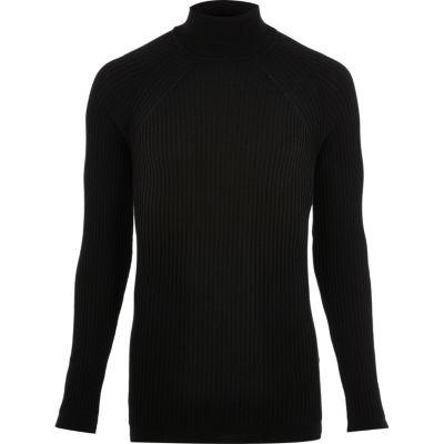 River Island Mensblack Ribbed Knit Roll Neck Sweater
