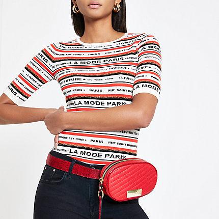 River Island Womens White Stripe Knitted T-shirt
