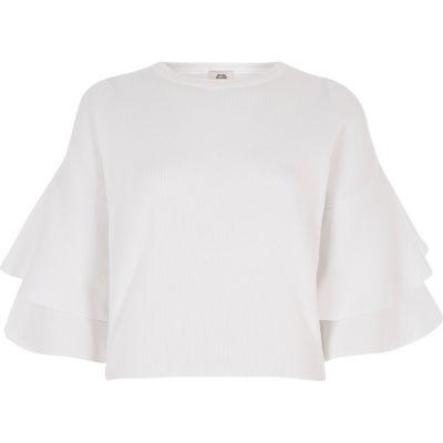 River Island Womens White Frill Sleeve Jumper