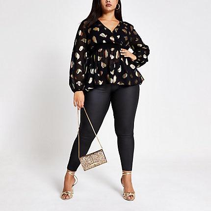 River Island Womens Plus Printed Peplum Wrap Blouse