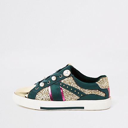 River Island Womens Gold Glitter Pearl Embellished Plimsolls