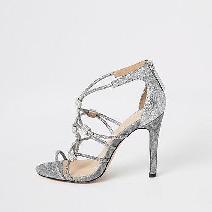 River Island Womens Silver Rhinestone Cage Heeled Sandals