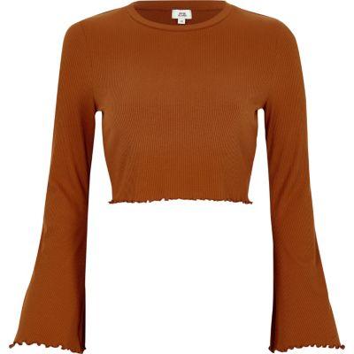 River Island Womens Rib Bell Sleeve Frill Edge Crop Top