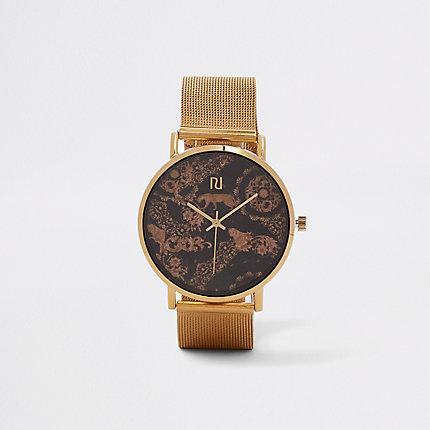 River Island Mens Gold Tone Cheetah Mesh Strap Watch