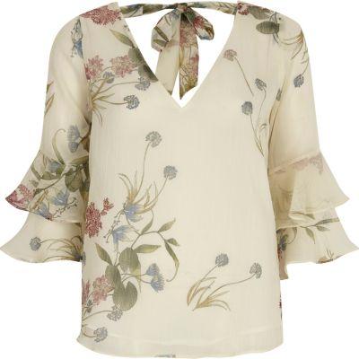 River Island Womens Petite Floral Frill Bell Sleeve Top