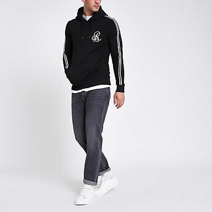 River Island Mens Embroidered Tape Muscle Fit Hoodie