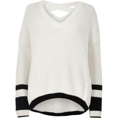 River Island Womens White Stripe Knit Cross Strap Sweater