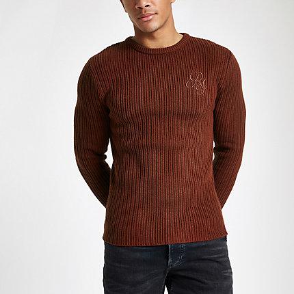 River Island Mens Rust Muscle Fit Rib Crew Neck Jumper