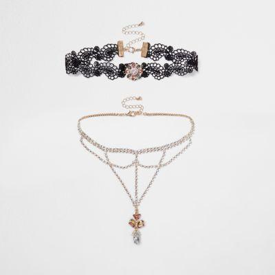 River Island Womens Lace Diamante Cup Chain Choker Set