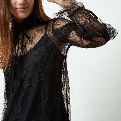 River Island Womens Petite Lace Frill Tie Neck Blouse