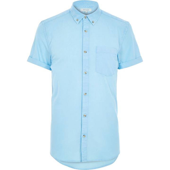 River Island Mensblue Acid Wash Short Sleeve Shirt