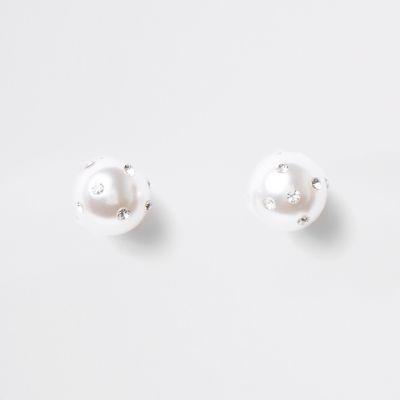 River Island Womens White Large Faux Pearl Diamante Stud Earrings