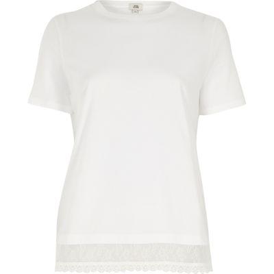 River Island Womens White Lace Hem T-shirt