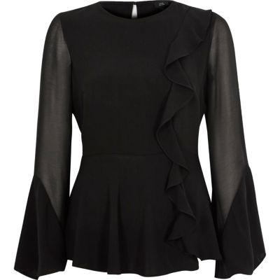 River Island Womens Sheer Flare Sleeve Ruffle Peplum Top