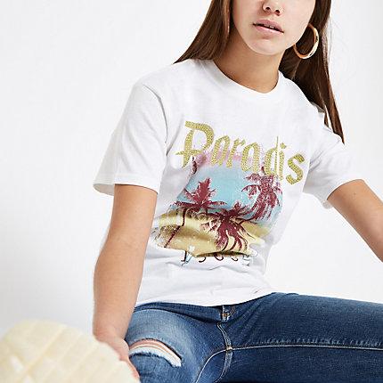 River Island Womens Petite White Palm Tree Sequin Print T-shirt
