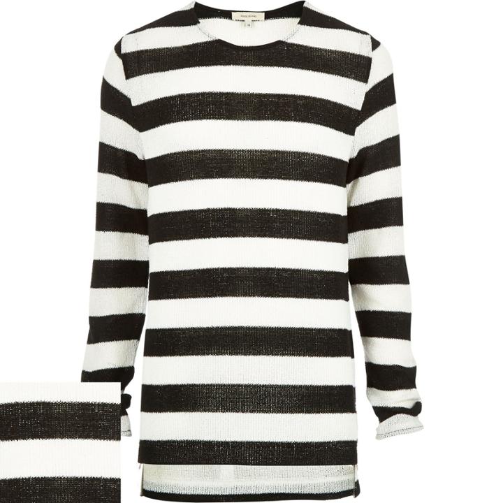 River Island Mensblack Stripe Zip Side Stepped Hem Sweater