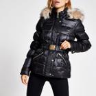River Island Womens Quilted Faux Fur Hood Belted Jacket