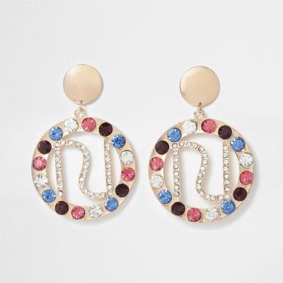 River Island Womens Gold Tone Jewel Embellished Ri Hoop Earrings
