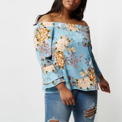 River Island Womens Plus Floral Print Bell Sleeve Bardot Top