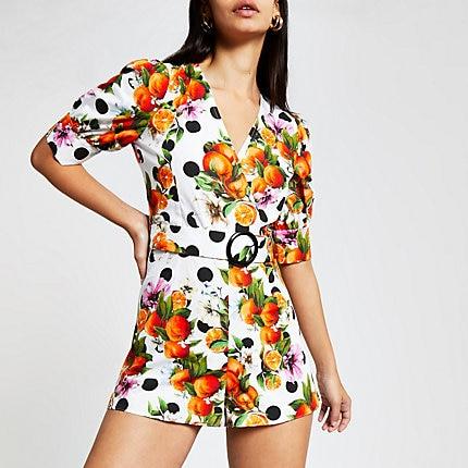 River Island Womens Print Puff Sleeve Playsuit