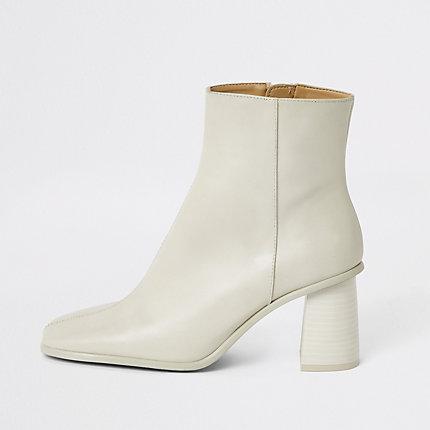 River Island Womens Dark White Leather Platform Wood Heel Boots