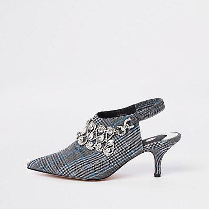 River Island Womens Check Rhinestone Sling Back Pumps