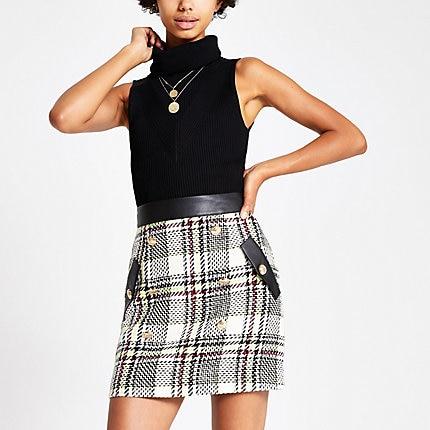 River Island Womens White Check Button Front Boucle Mini Skirt