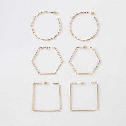 River Island Womens Gold Tone Mixed Shapes Hoop Earrings Pack