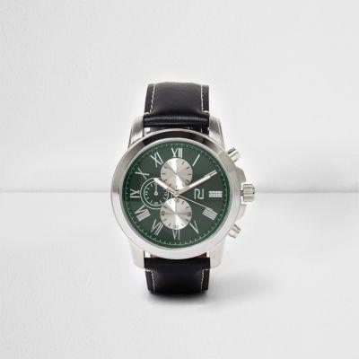 River Island Mens Leather Look Strap Green Face Watch