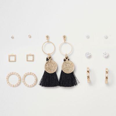 River Island Womens Gold Tone Coin Tassel Hoop Earrings Pack