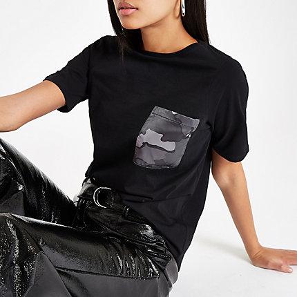 River Island Womens Camo Print Pocket T-shirt