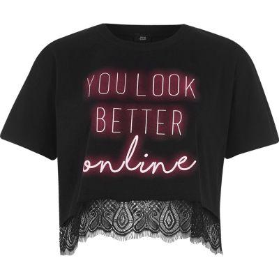 River Island Womens Neon Print Lace Hem Cropped T-shirt