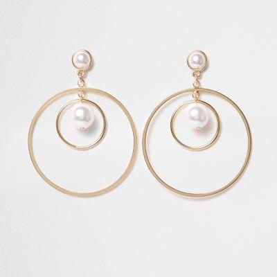 River Island Womens Gold Tone Faux Pearl Hoop Earrings