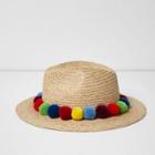 River Island Womens Pom Pom Trim Straw Fedora Hat