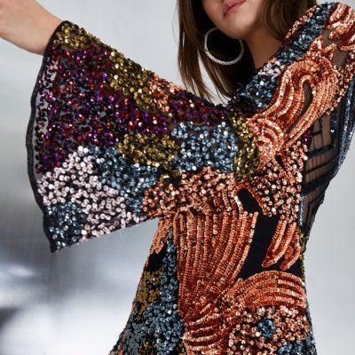 River Island Womens Sequin Embellished Bell Sleeve Playsuit