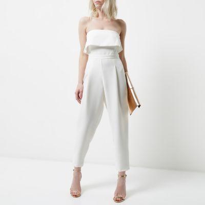 River Island Womens Petite White Bandeau Frill Jumpsuit