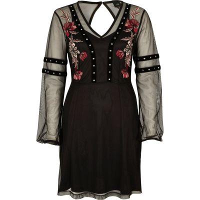 River Island Womens Mesh Stud Trim Embroidered Dress