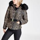 River Island Womens Petite Leopard Print Belted Puffer Coat