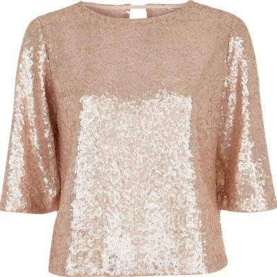 River Island Womens Gold Sequin Flute Sleeve Top