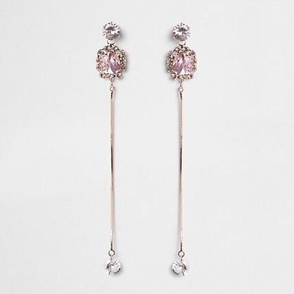 River Island Womens Rose Gold Color Rhinestone Chain Drop Earrings