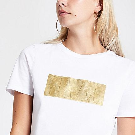 River Island Womens Petite White Rvr Foil Chest Print T-shirt