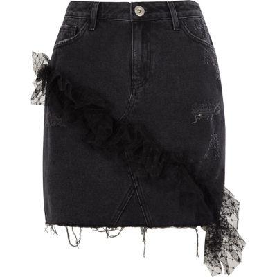 River Island Womens Mesh Frill Denim Mini Skirt